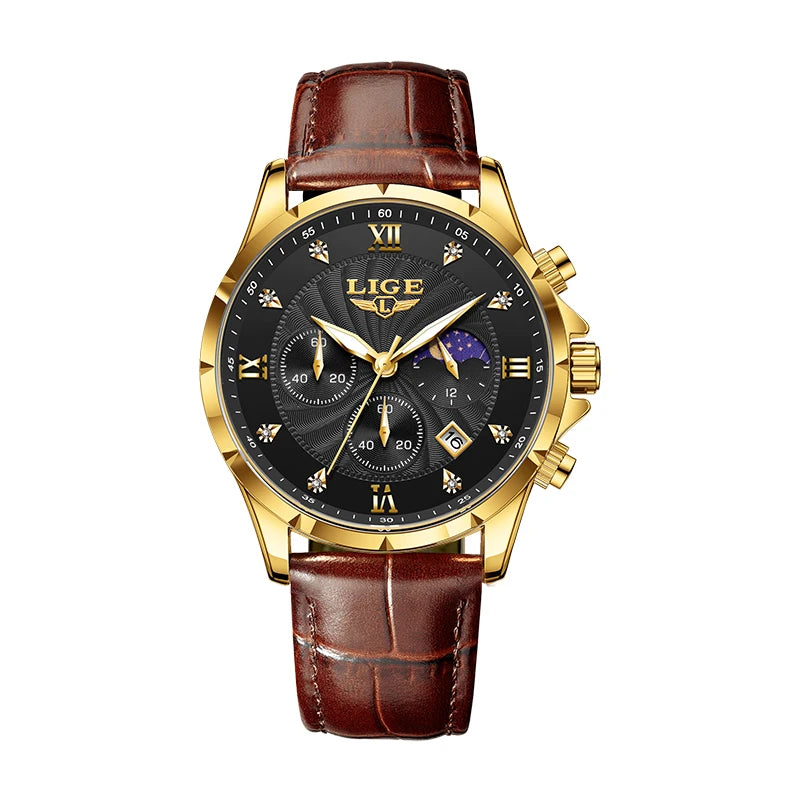 LIGE Leather Chronograph Watch – Luxury Waterproof Men's Business Accessory