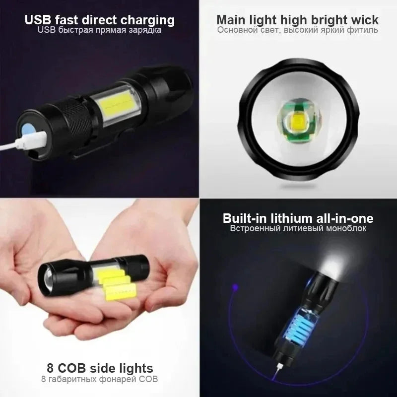 USB Rechargeable Mini Flashlight – Zoomable COB Torch for Camping and Emergency