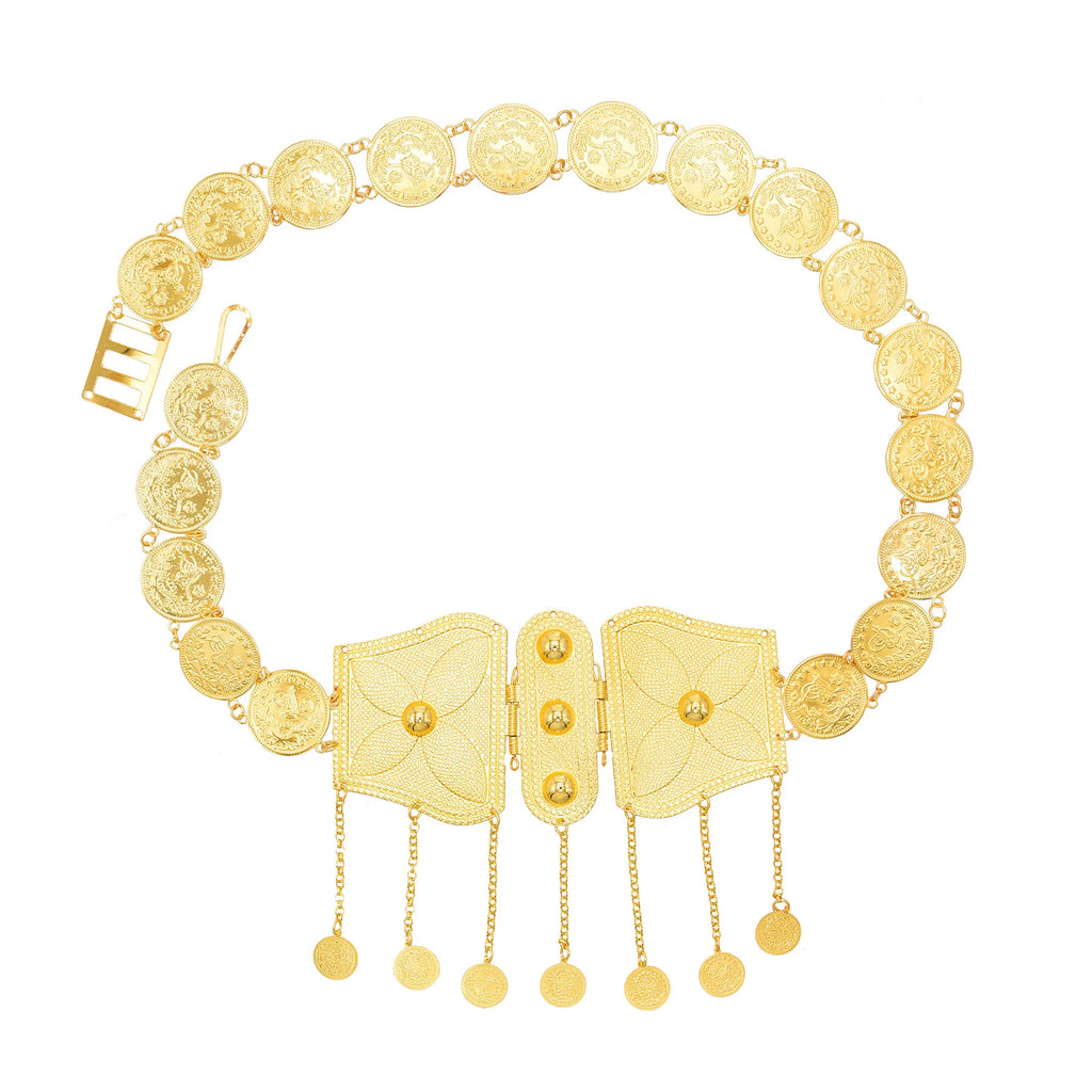 gold coin belt with decorative medallion pattern and dangling chains on white background