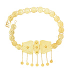 gold coin belt with decorative medallion pattern and dangling chains on white background