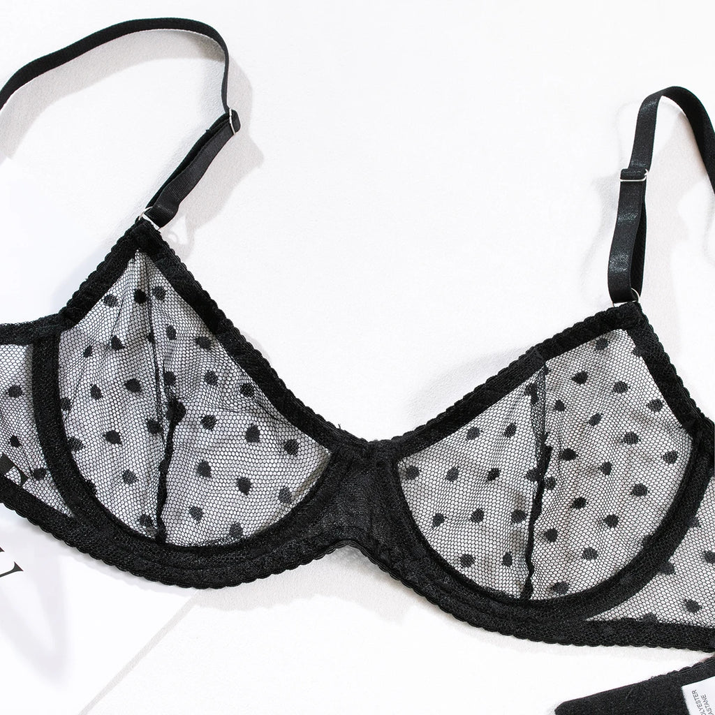 Polka Dot Mesh Lingerie Set – Sheer Underwire Bra and G-String for Women