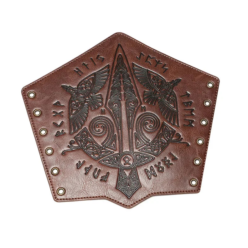 Brown faux leather arm bracer with Norse rune designs, ravens, and embossed Viking motifs.