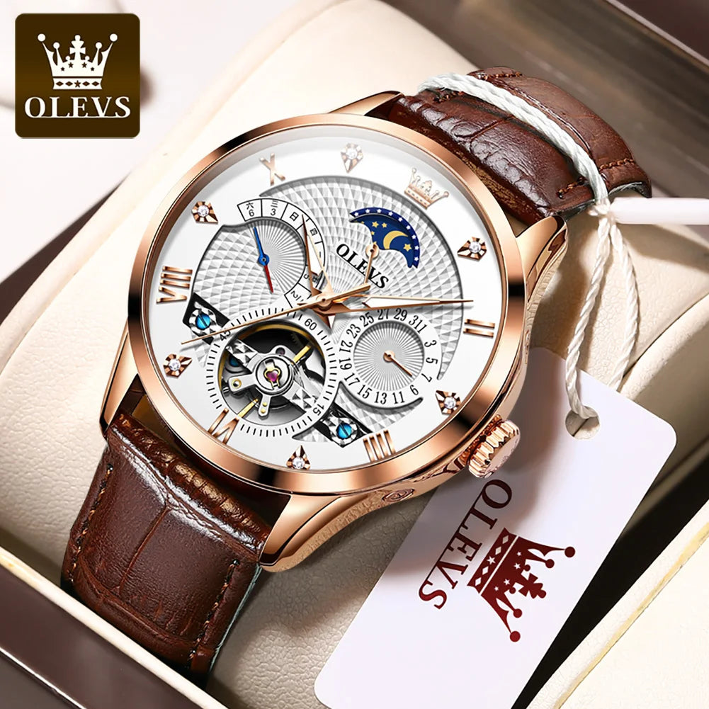 OLEVS Automatic Mechanical Watch – Leather Strap Flywheel for Business Casual
