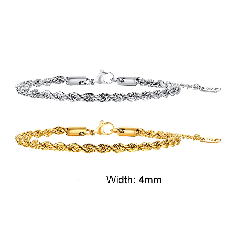 Stainless Steel Rope Chain Bracelet – Unisex Twisted Link Jewelry for Gift