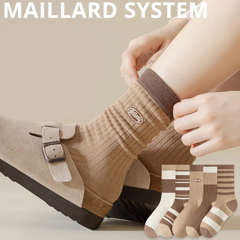 Maillard Color Crew Socks – Vintage Autumn Winter Athletic Hosiery for Women