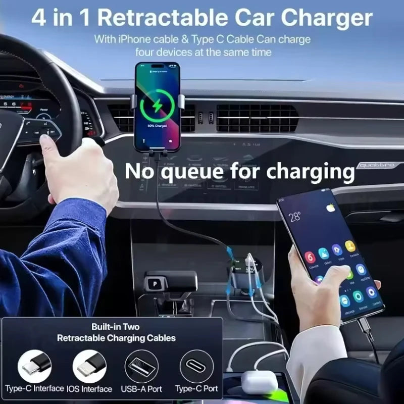 Retractable Car Charger – 120W Fast Charging Adapter for Mobile Devices