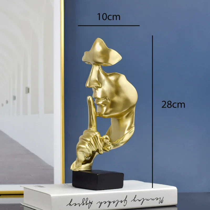 Abstract Thinker Resin Statue – Gold Silence Face Sculpture for Home Decor