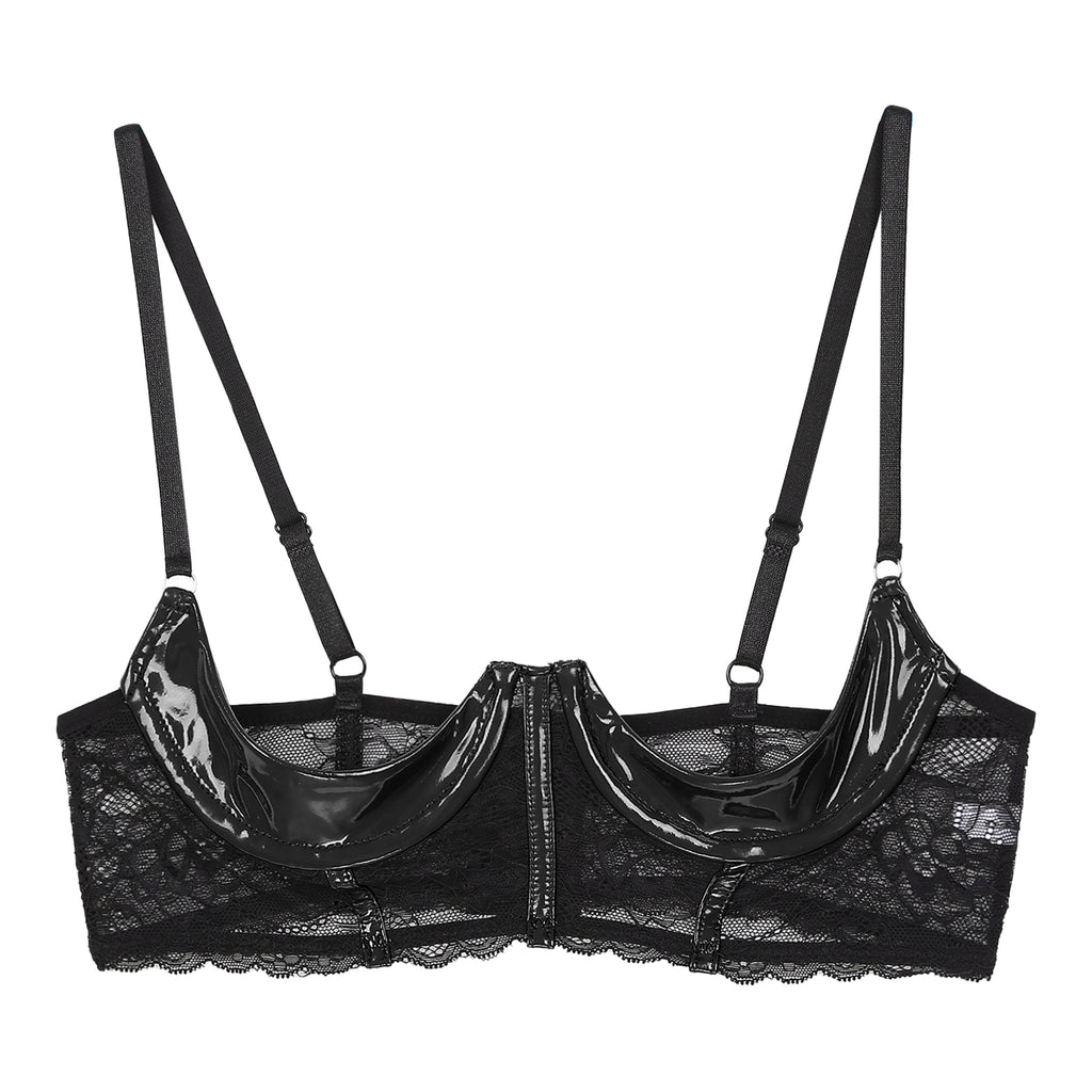 Wetlook Leather Push Up Bralette – Underwire Lace Lingerie for Sexy Cosplay