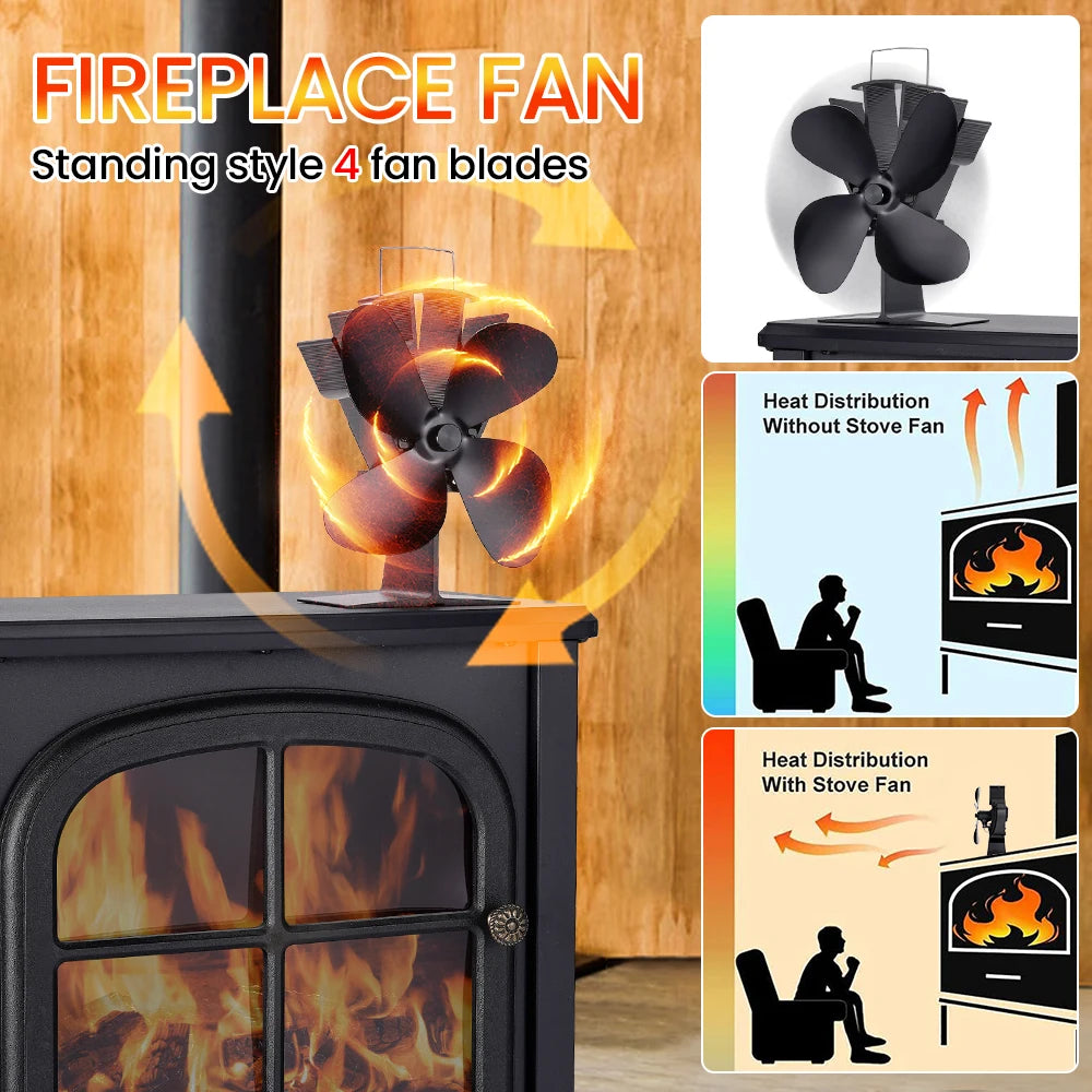 4 Blade Heat Powered Stove Fan – Eco Friendly Wood Burner for Winter Heating