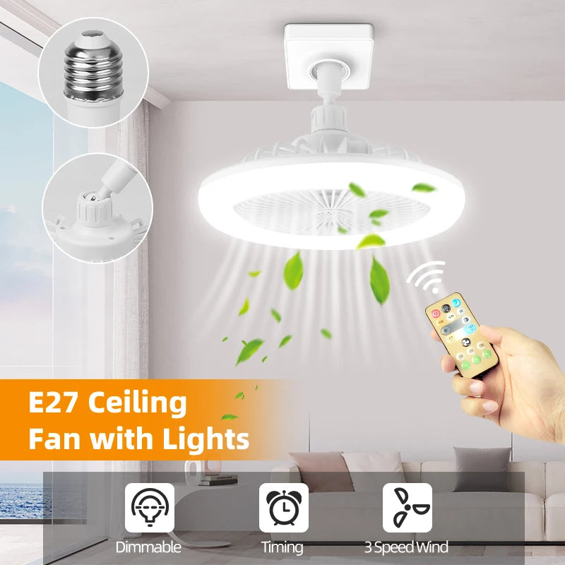 Silent Ceiling Fan Light – Remote Controlled E27 Lamp for Bedroom Living Room