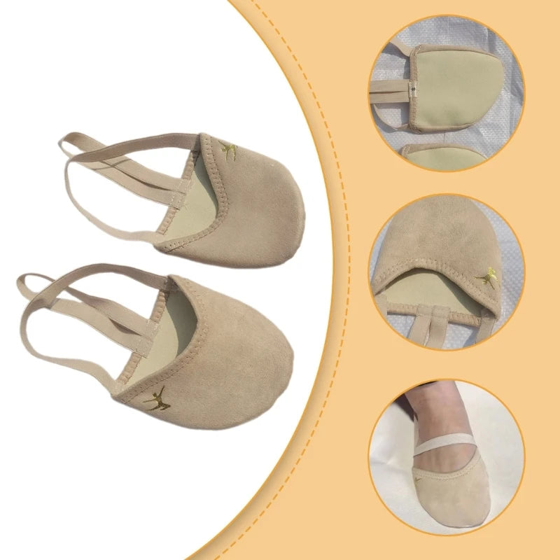 Beige suede ballet dance half-sole shoes with elastic straps and close-up detail views.