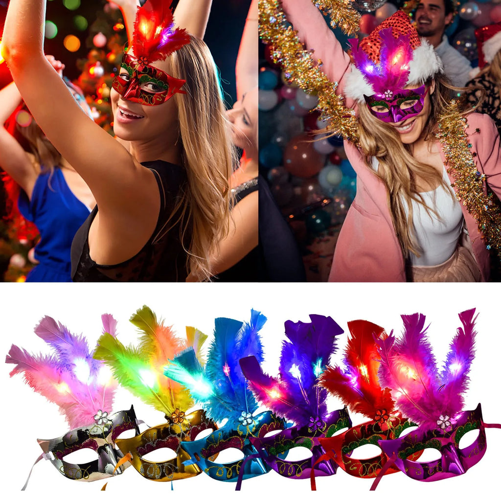 LED Feather Masquerade Mask – Glowing Venice Carnival Cosplay Costume