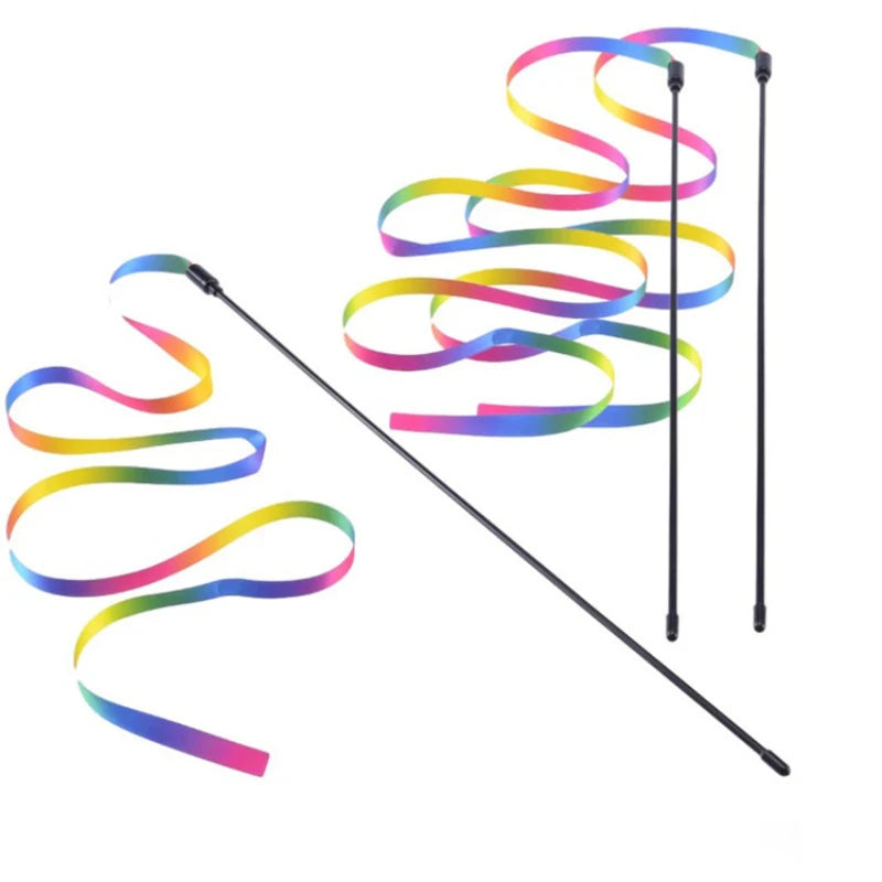 Rainbow Ribbon Cat Teaser Wand – Interactive Wand Toy for Feline Exercise