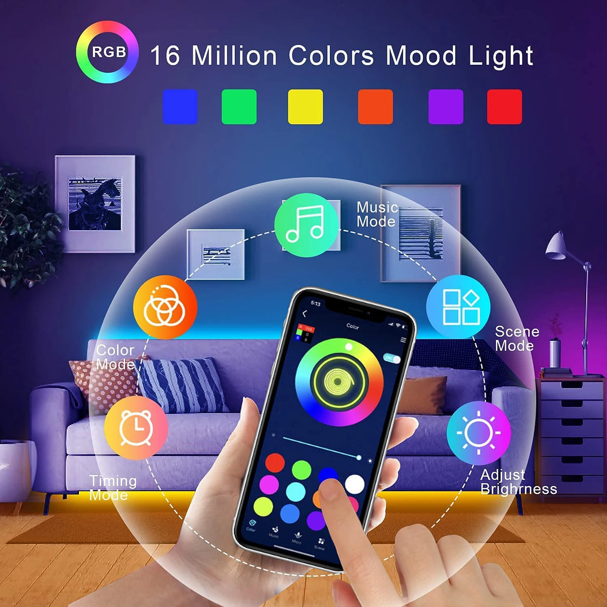RGB LED Strip Light – Flexible App Controlled Tape for Bedroom Decoration