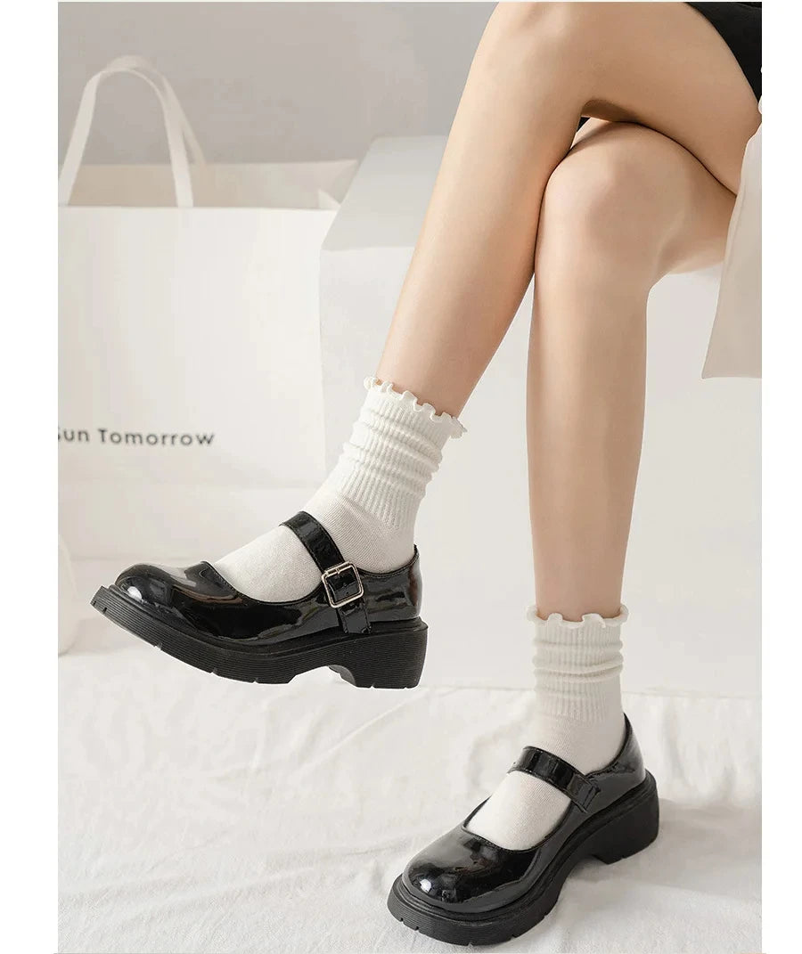 Ruffled Mid-Tube Socks – Breathable Cotton Casual Wear for Women