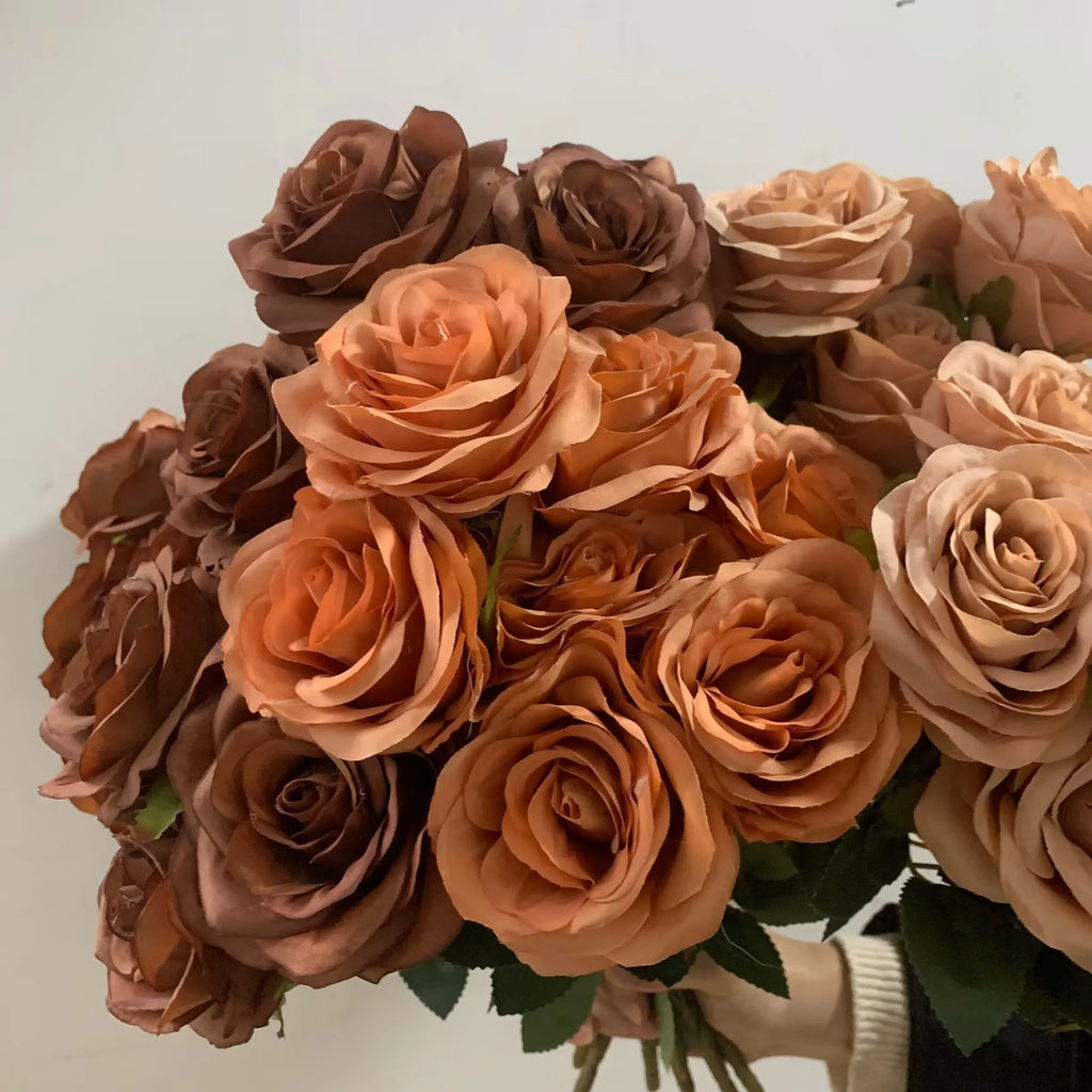 Artificial Brown Rose Bouquet – Silk Flower Arrangement for Home Wedding Decor