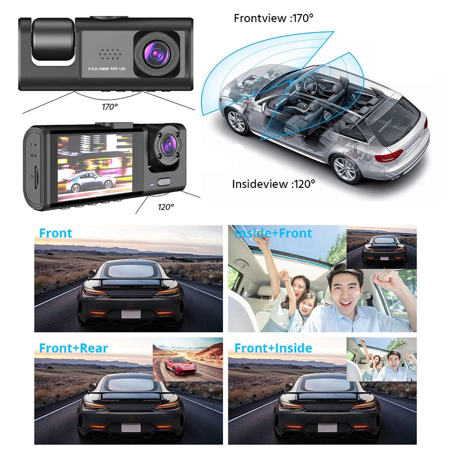 Triple Lens Car Dash Cam – 1080P 3-Channel Video Recorder for Vehicle Security