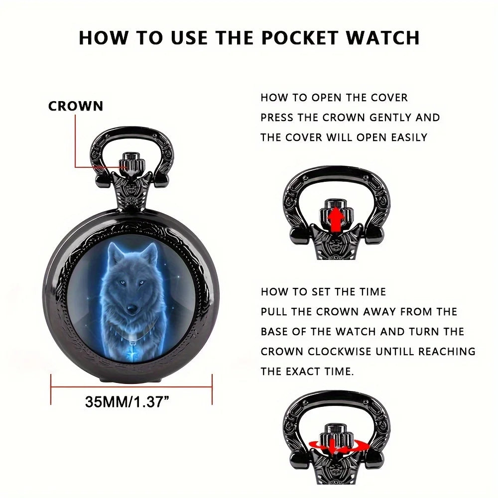 Wolf Quartz Pocket Watch – Animal Pendant Necklace for Men Women Kids