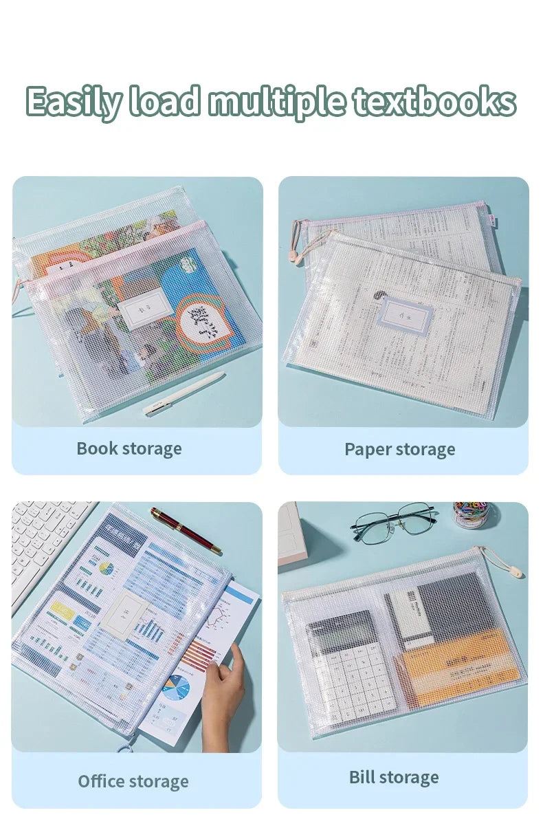 Clear Mesh Zipper Pouches – Waterproof A4/A5 Plastic Bags for Office Storage