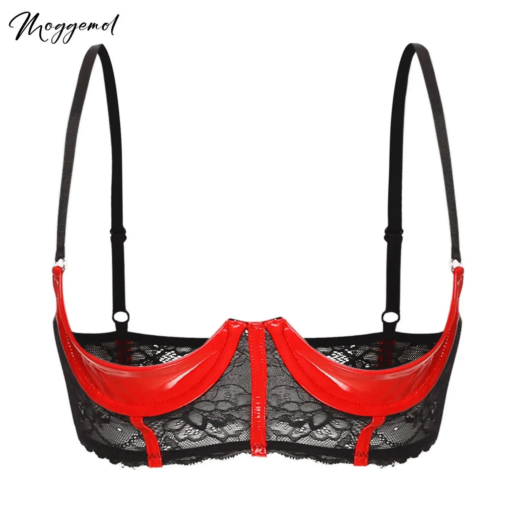 Wetlook Leather Push Up Bralette – Underwire Lace Lingerie for Sexy Cosplay