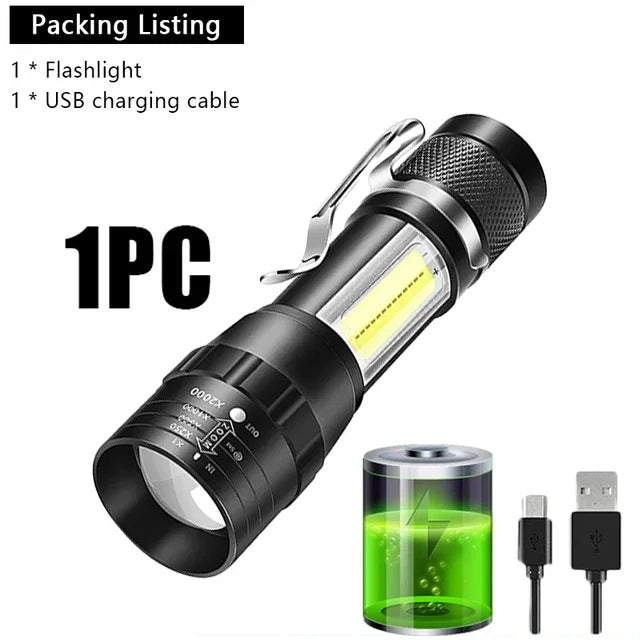 USB Rechargeable Mini Flashlight – Zoomable COB Torch for Camping and Emergency