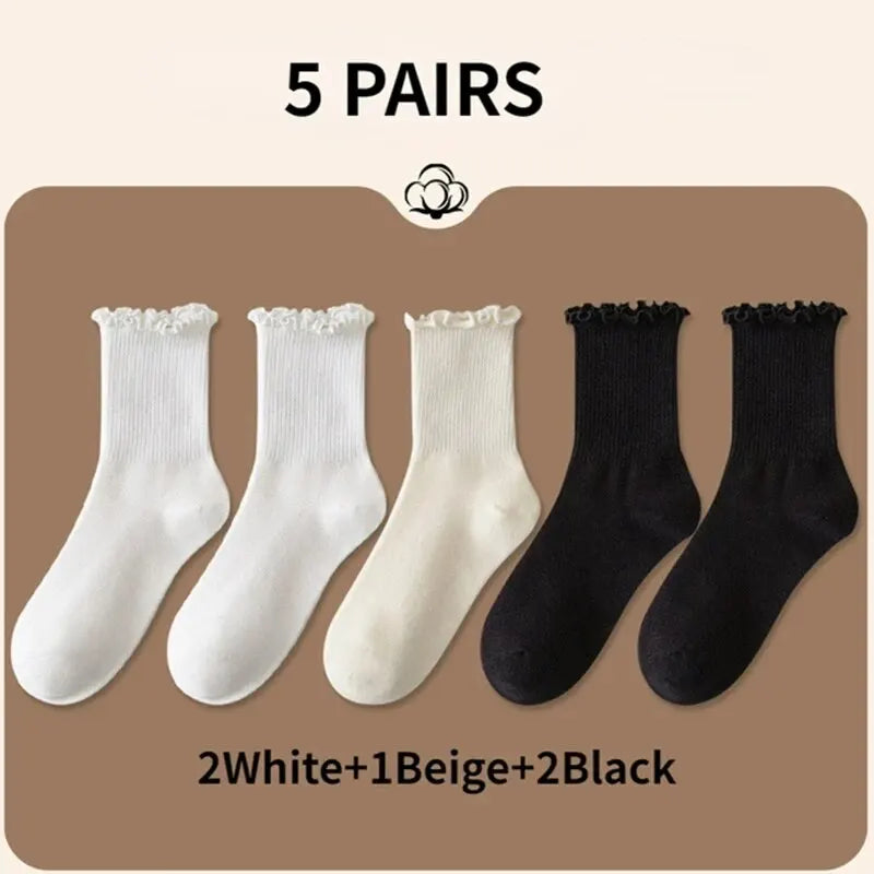 Ruffled Mid-Tube Socks – Breathable Cotton Casual Wear for Women