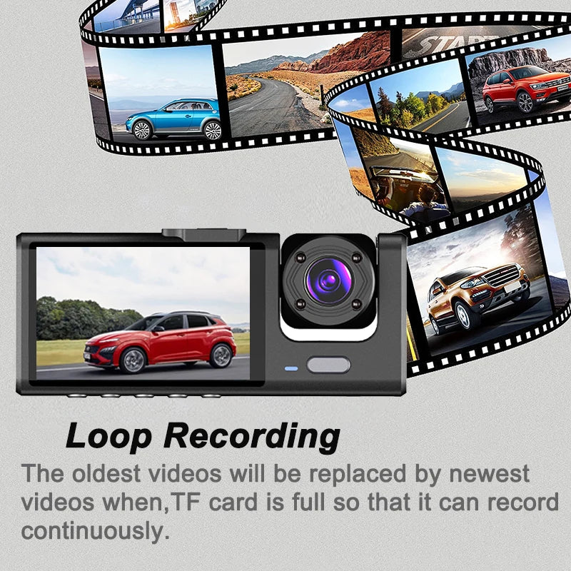 Triple Lens Dash Cam – 1080P Front and Rear Vehicle Recorder for Night Vision