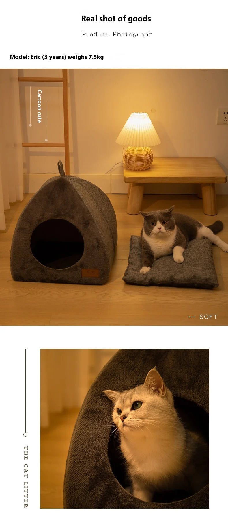 Enclosed Triangle Cat Bed – Warm Plush House for Indoor Winter Sleep