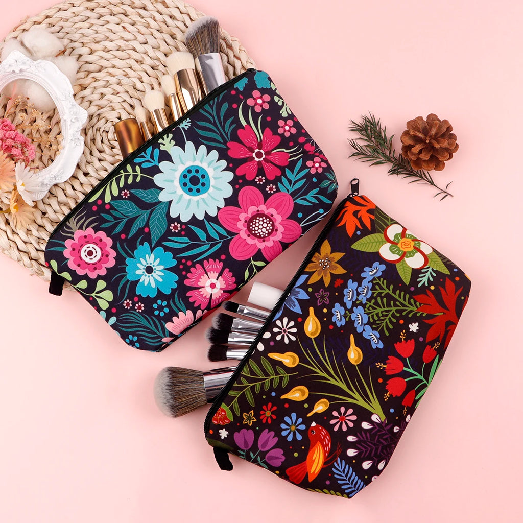 Floral Zipper Makeup Bag – Portable Travel Cosmetic Organizer for Women
