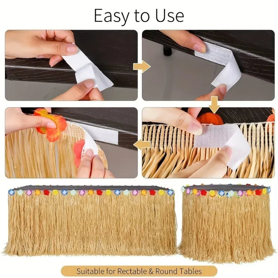Tropical Hawaiian Table Skirt – Reusable Grass Fringe for Luau Party Decor