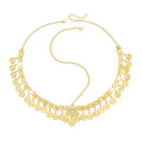 Gold coin choker necklace with adjustable chain and central crystal accent on white background