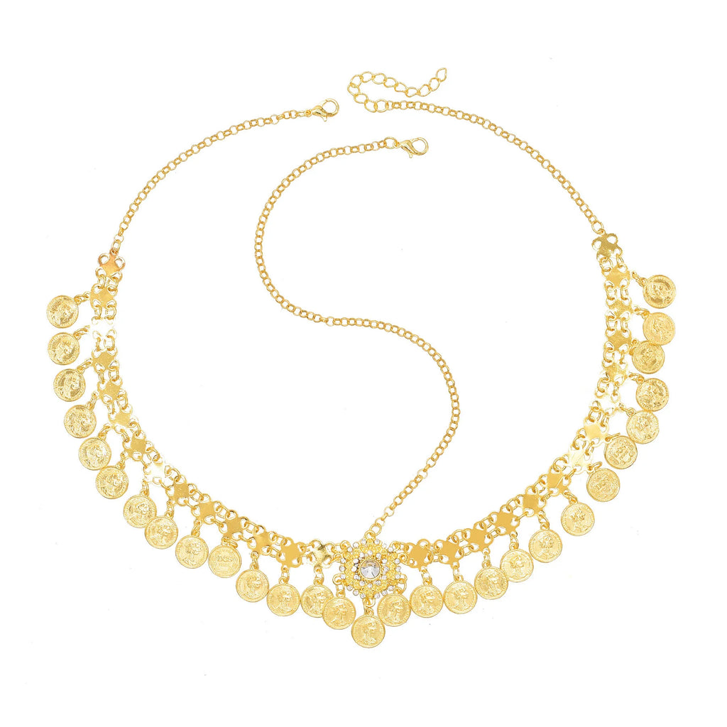 Gold coin choker necklace with adjustable chain and central crystal accent on white background