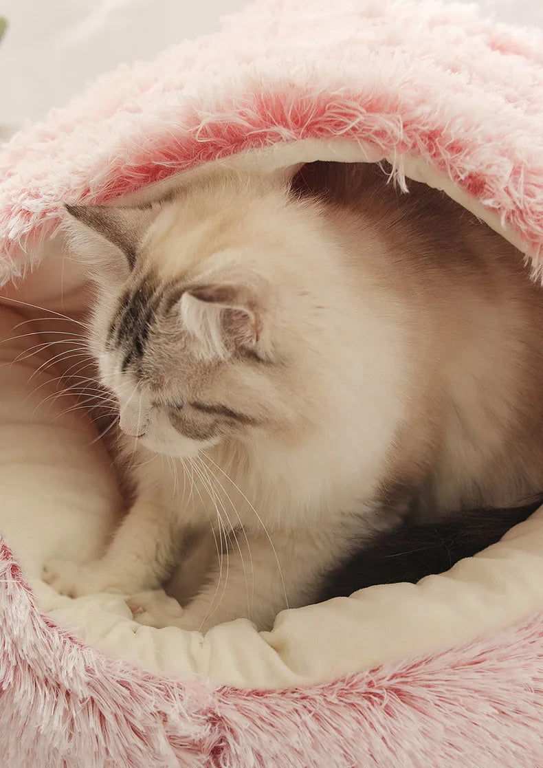 Semi-Enclosed Plush Pet Bed – Warm Winter Shell Nest for Cats and Small Dogs