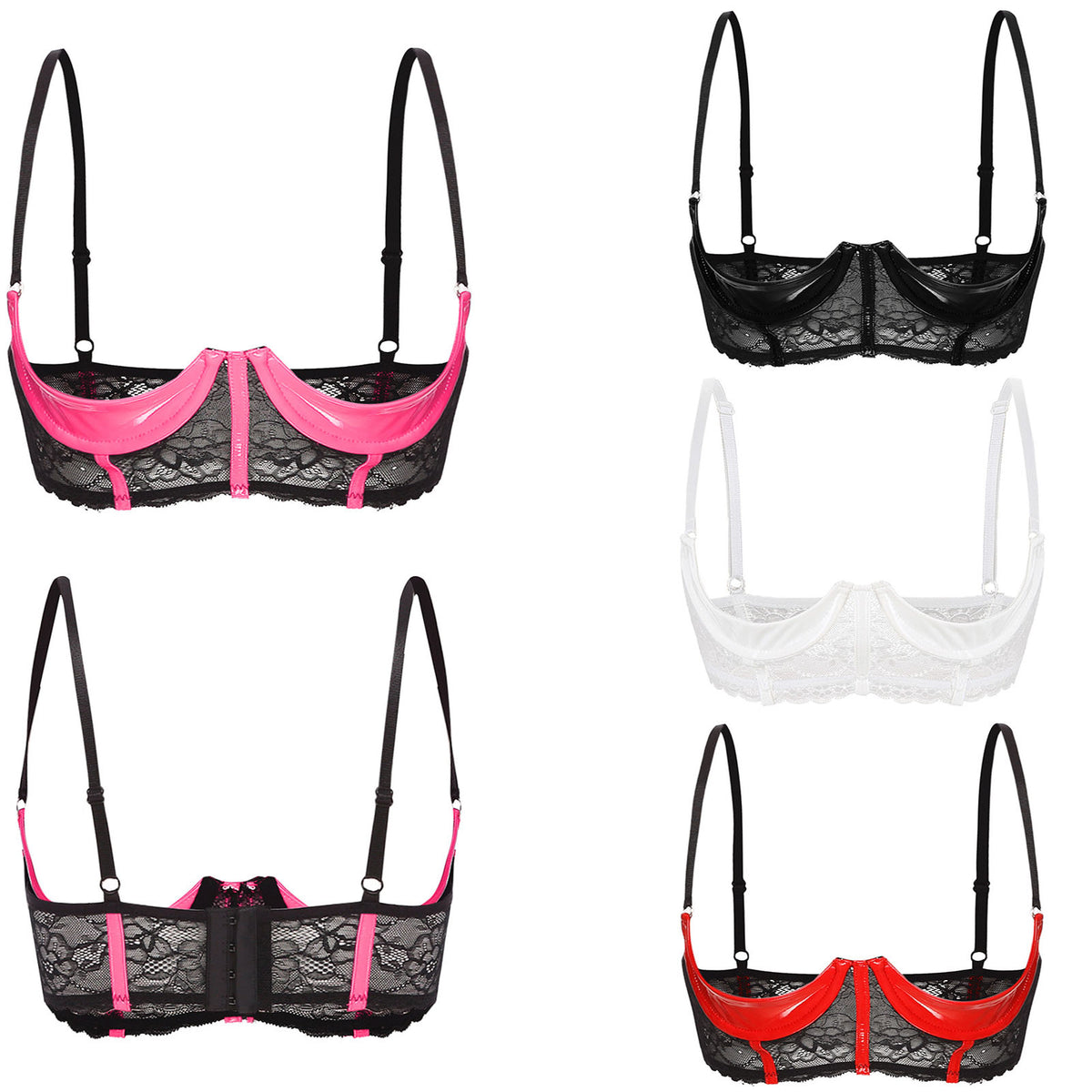 Wetlook Leather Push Up Bralette – Underwire Lace Lingerie for Sexy Cosplay