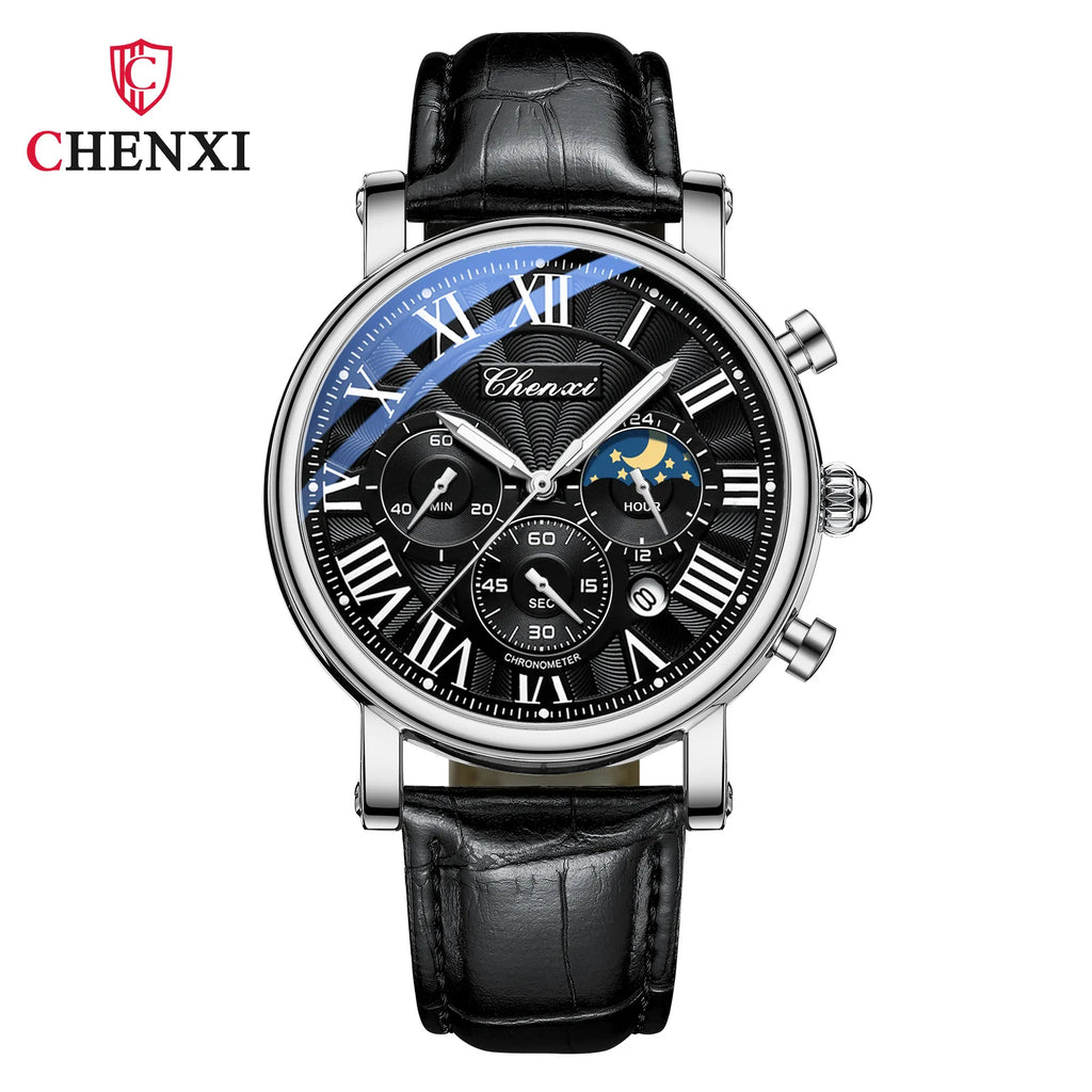 Leather Quartz Chronograph Watch – Men's Moon Phase Business Wristwatch