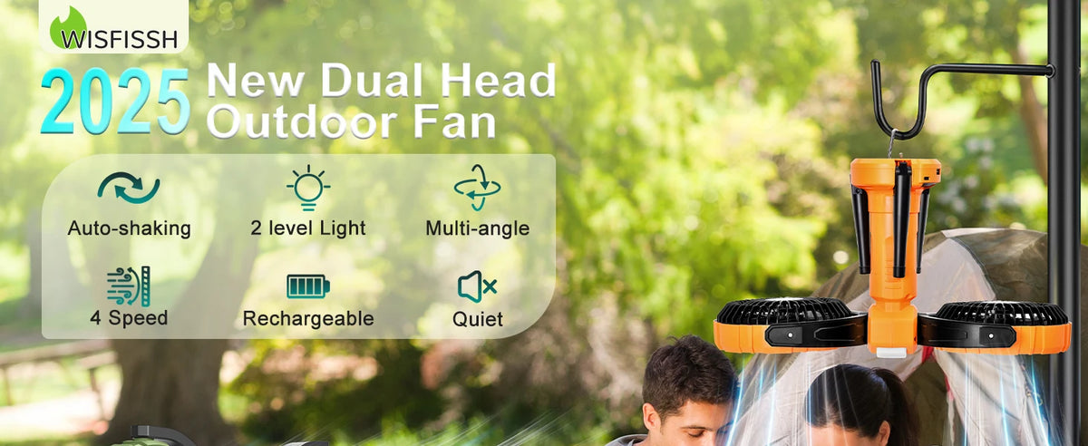 Portable Camping Fan – Dual Head Battery Powered Air Cooler for Outdoor Tents