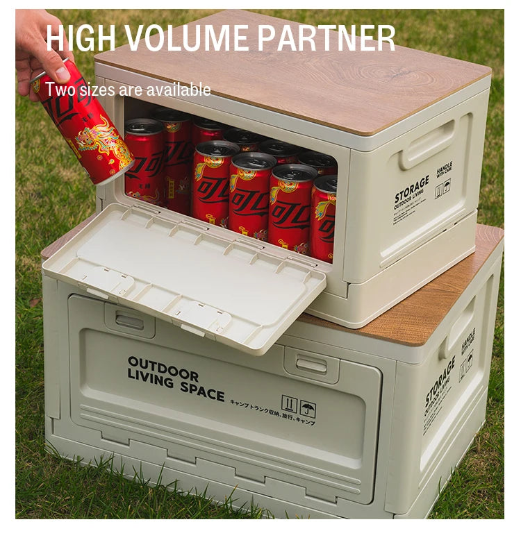 Folding Storage Box – Wooden Lid for Camping and Car Trunk Organization