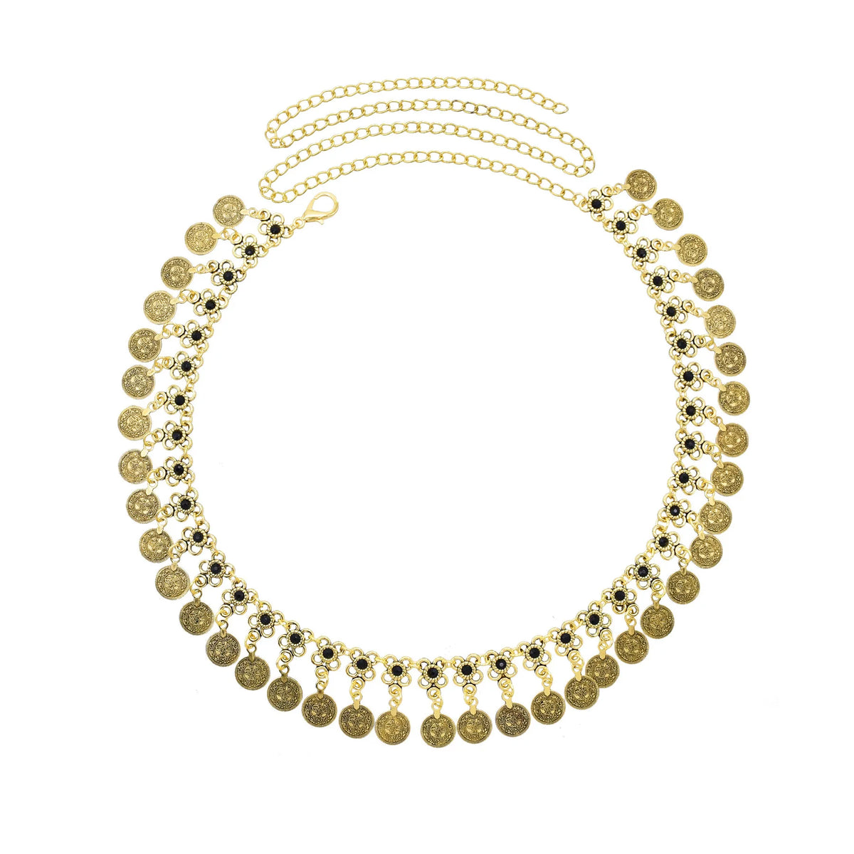 Gold coin choker necklace with black bead accents on white background, fashion jewelry