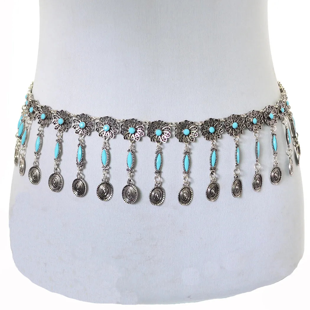 Boho silver waist chain belt with turquoise stones and dangling medallions on mannequin