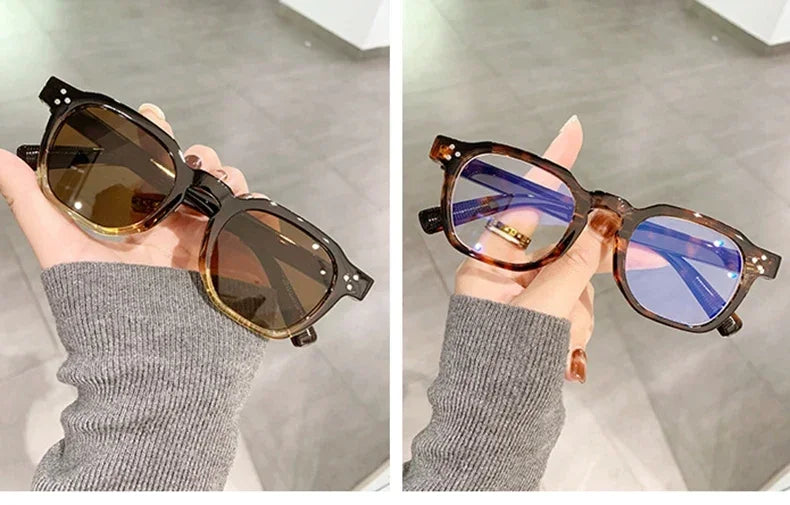 Vintage Rivet Oval Sunglasses – Leopard Anti Blue Light Frames for Men and Women