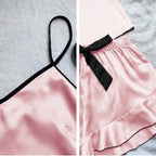 Satin V-Neck Pajama Set – Ruffled Bow Shorts for Loungewear and Sleep