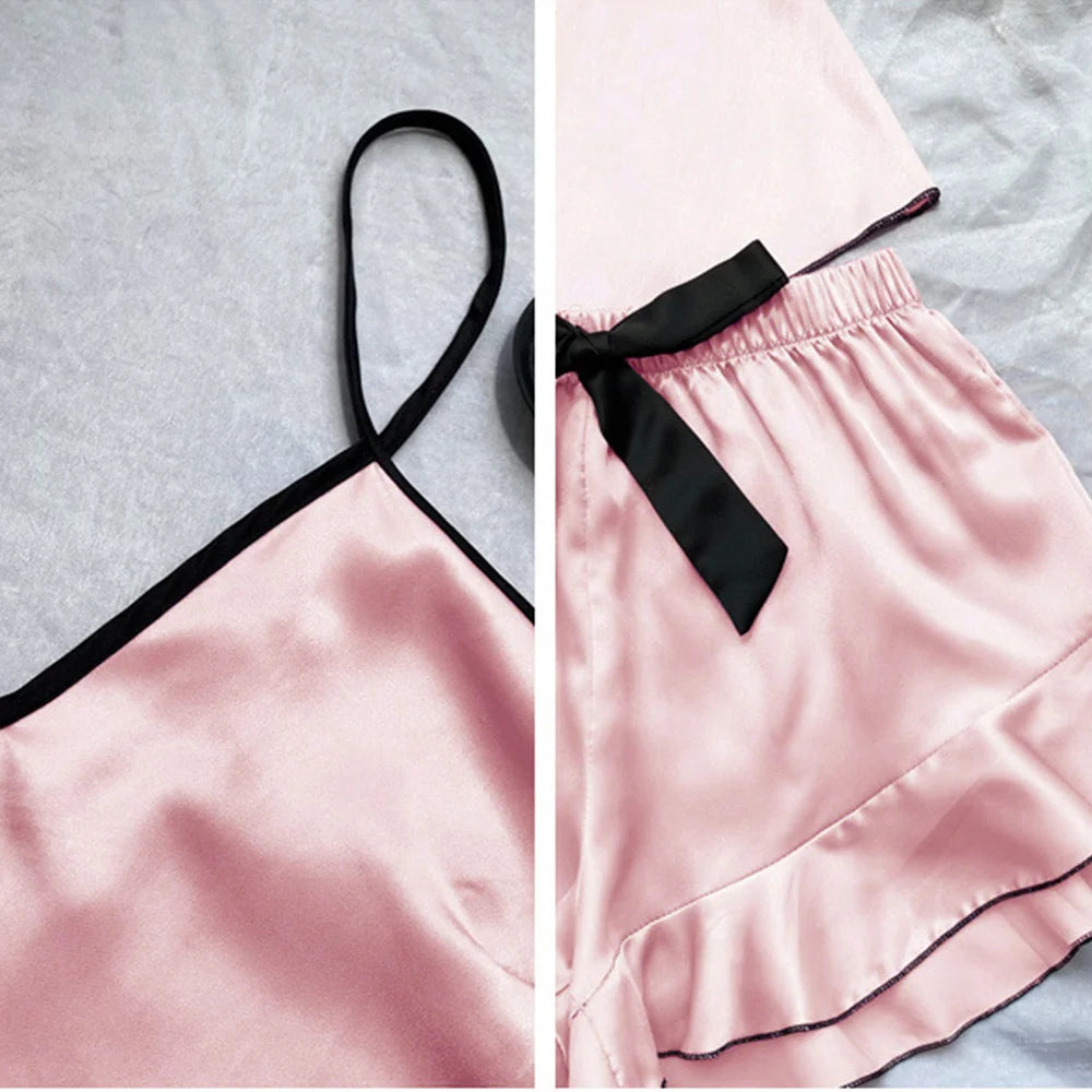 Satin V-Neck Pajama Set – Ruffled Bow Shorts for Loungewear and Sleep