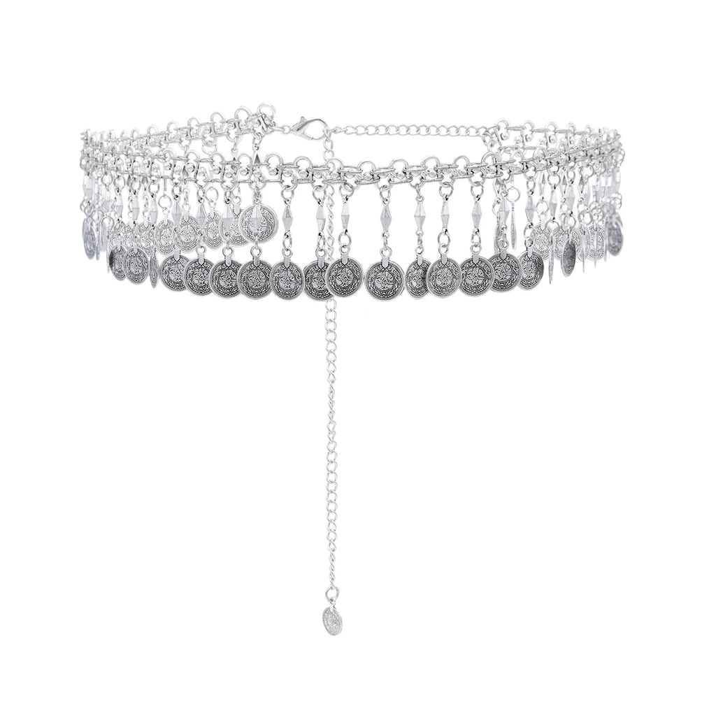 Silver coin choker necklace with dangling charms and adjustable chain on white background