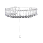 Silver coin choker necklace with dangling charms and adjustable chain on white background