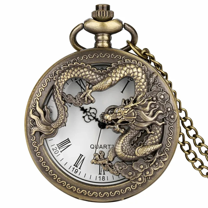 Vintage Hollow Chinese Dragon Pocket Watch – Roman Numeral Necklace Gift