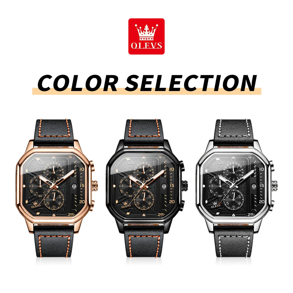 Square Leather Chronograph Watch – Waterproof Quartz Timepiece for Men