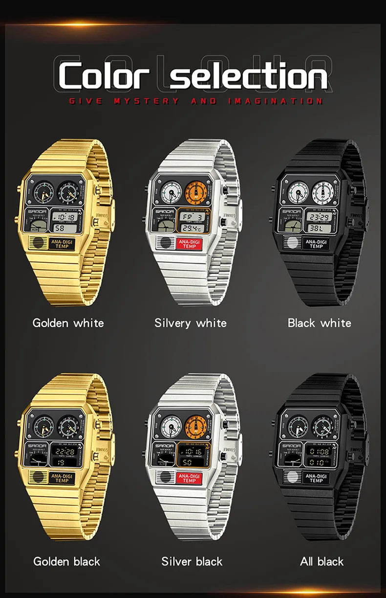 Square Stainless Steel Digital Watch – Temperature Gauge for Men's Sports