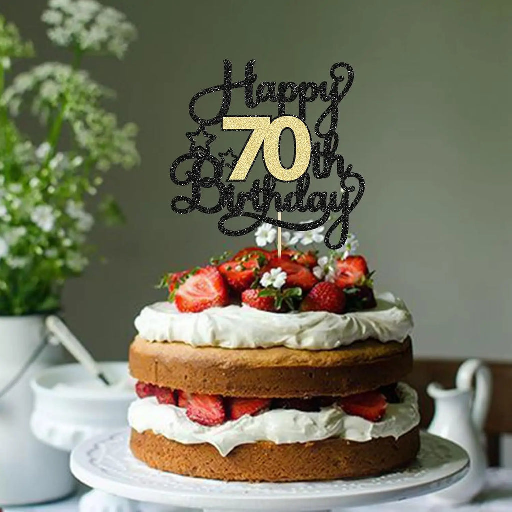 Black and Gold Glitter Cake Topper – Cheers to 70 Years for Birthday Parties