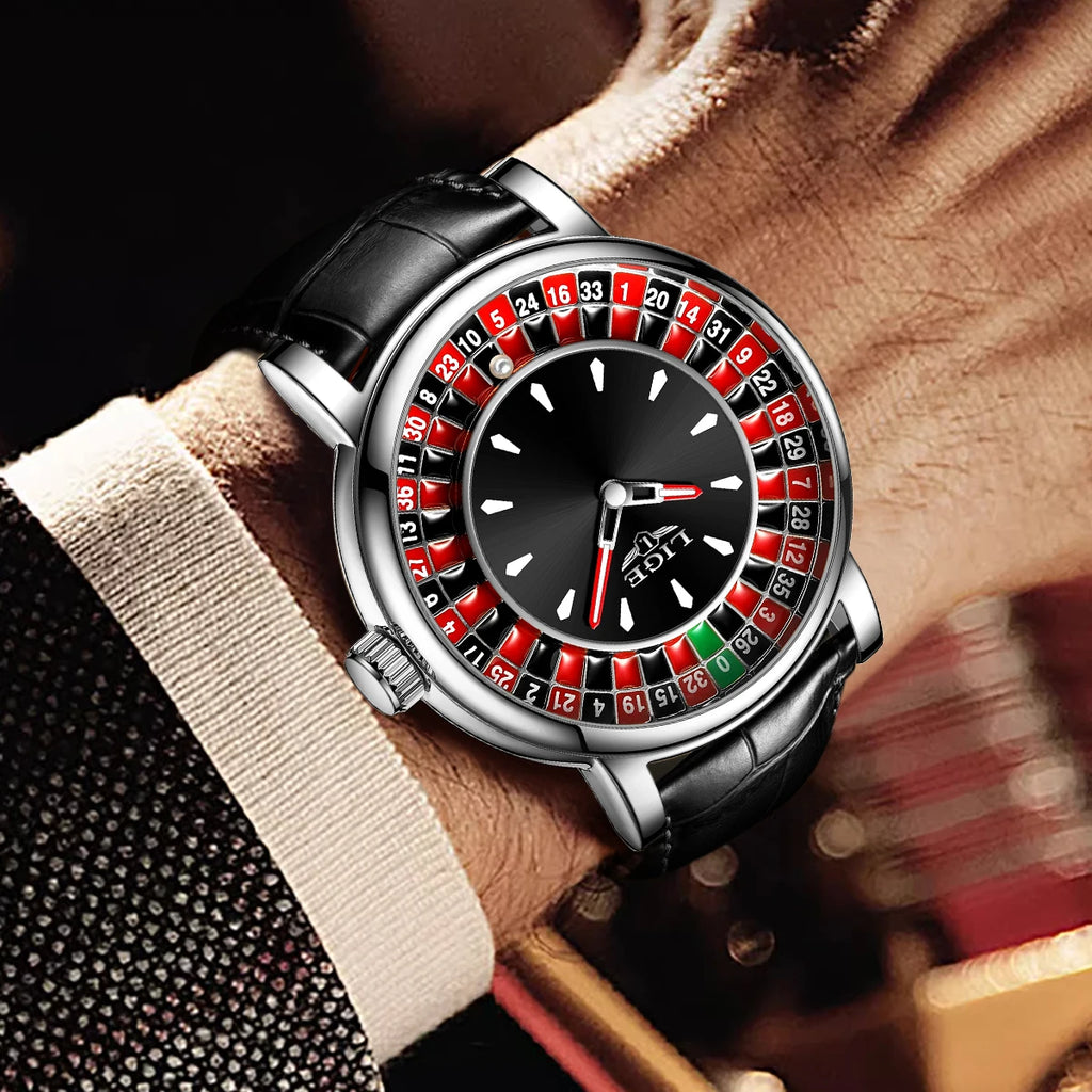 LIGE Roulette Quartz Watch – Luxury Leather Wristwatch for Men Gifts