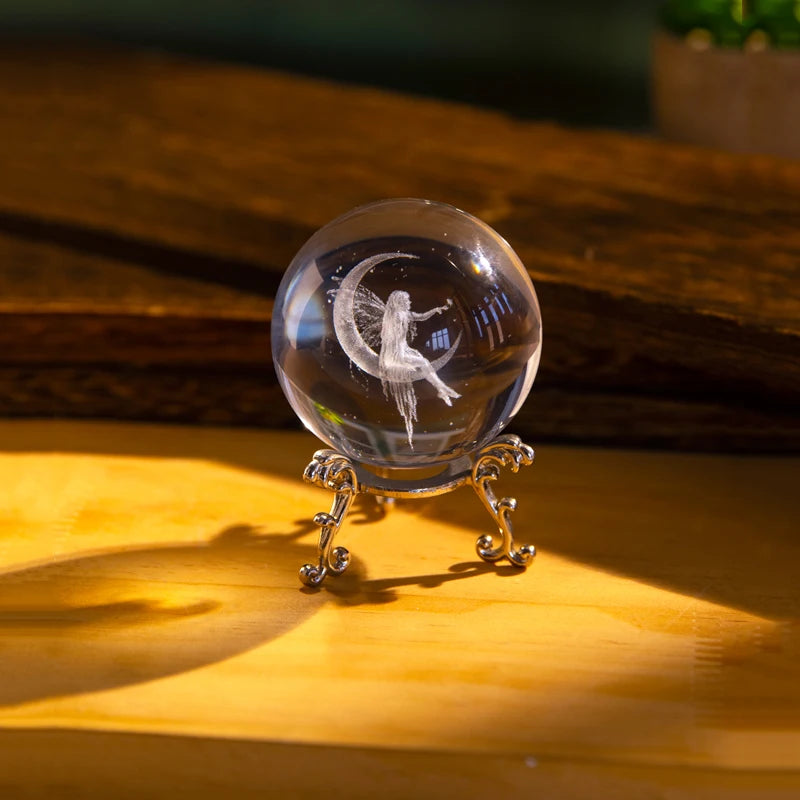3D Laser Engraved Crystal Moon Fairy Ball – Decorative Figurine for Home